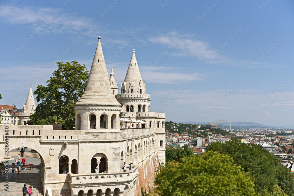Fisherman's Bastion in Budapest with bule sky.