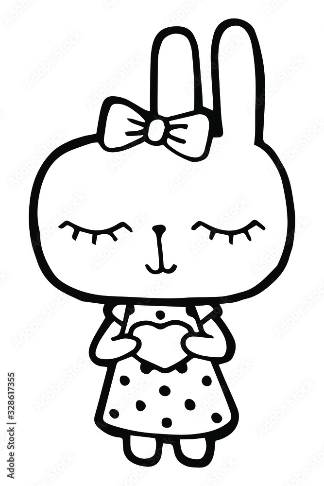 Vector illustration. Cartoon rabbit. Cute character. Girl in a dress with polka dots and with a bow. Heart in the hands. Coloring page. Emotions Stickers Black line. Use for kids stuff Vector illustration. Cartoon rabbit. Cute character. Girl in a dress with polka dots and with a bow. Heart in the hands. Coloring page. Emotions Stickers Black line. Use for kids stuff