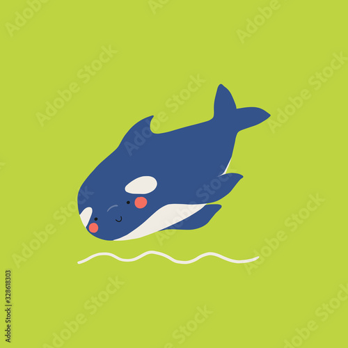 Cute flat killer whale drawing. Adorable little cartoon orca vector illustration. Childish rare animal wild ocean concept