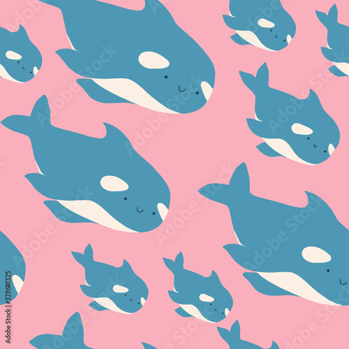 Cute flat killer whale seamless pattern. Adorable little cartoon orca vector illustration. Childish ornament for textile, fabric, print, wallpaper, wrap paper