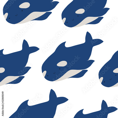 Cute flat killer whale seamless pattern. Adorable little cartoon orca vector illustration. Childish ornament for textile, fabric, print, wallpaper, wrap paper