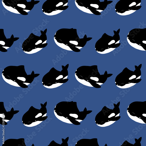 Cute flat killer whale seamless pattern. Adorable little cartoon orca vector illustration. Childish ornament for textile, fabric, print, wallpaper, wrap paper