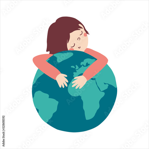 Cute Child hugs a globe. Flat Postcard for the Earth day. Childish vector Illustration with save the planet meaning. Perfect for print, cards, posters, booklet, design