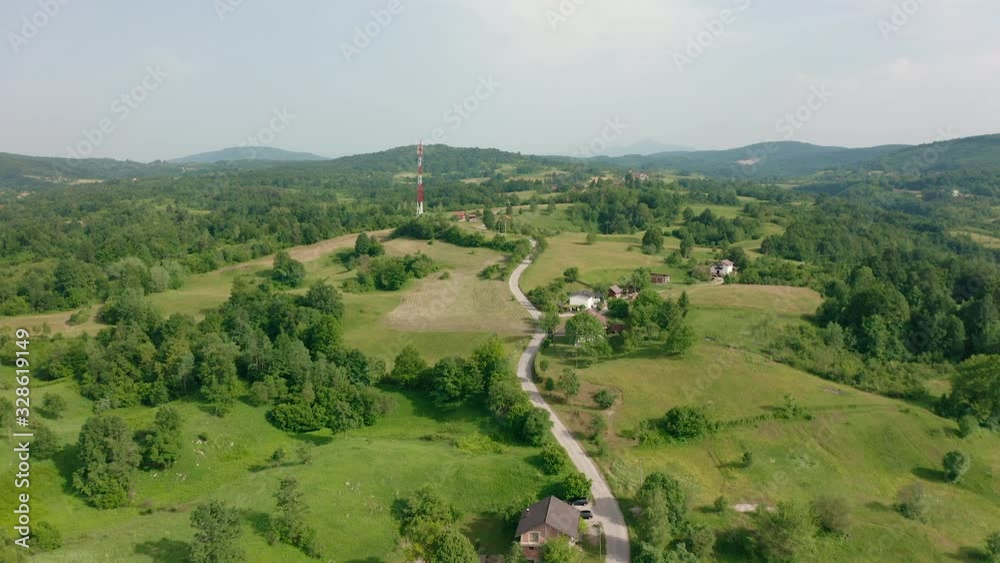 Drone flying above the landscape in Rastoke Croatia Drone flying above the landscape in Rastoke Croatia