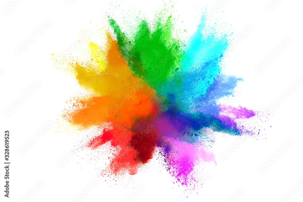 colorful rainbow holi paint color powder explosion isolated on white wide panorama background