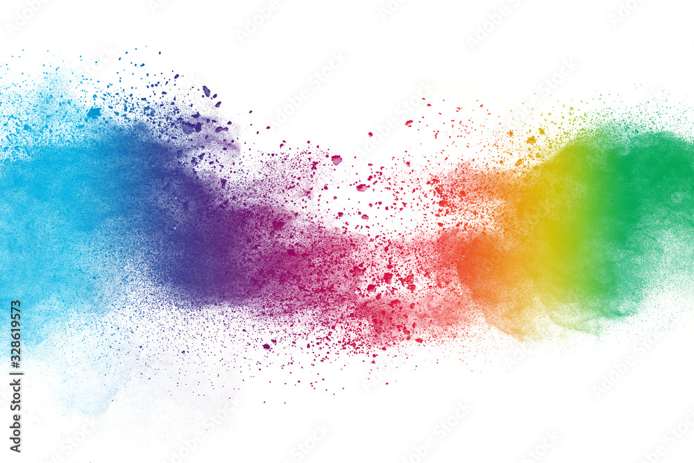 colorful rainbow holi paint color powder explosion isolated on white wide panorama background