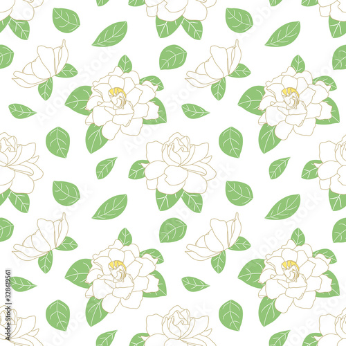 White Gardenia jasminoides or Cape jasmine flower seamless pattern background. summer tropical floral pattern in hand drawn style. Great for wallpaper, wedding, invitation. card, packaging design.