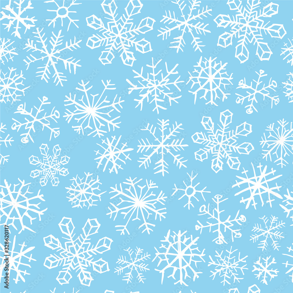 Image of a pattern with snowflakes on a blue background. Color vector illustration. Can be used for gift wrapping, fabric, wallpaper, stickers, t-shirt posters. Image of a pattern with snowflakes on a blue background. Color vector illustration. Can be used for gift wrapping, fabric, wallpaper, stickers, t-shirt posters.