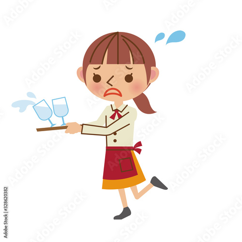 つまづいて飲み物をこぼすウェイトレス