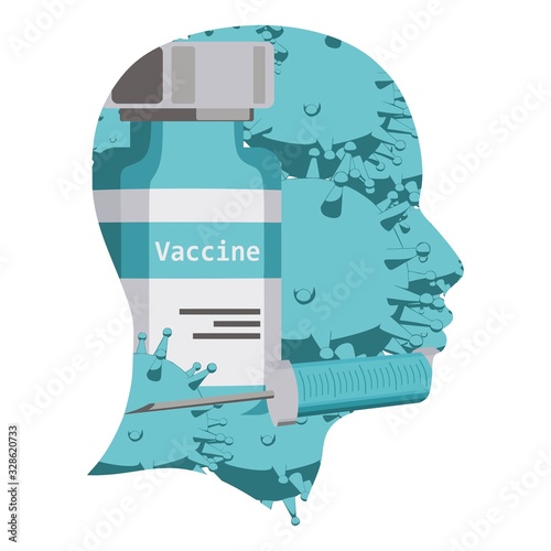 Silhouette of a human head. Health relative brochure, report or leaflet design template. Scientific medical designs. Virus outbreak concept. Group of viruses on backdrop. Double exposure effect