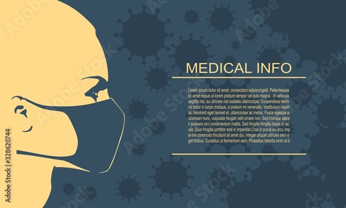 Abstract icon of woman wearing a medical mask. Group of viruses on backdrop