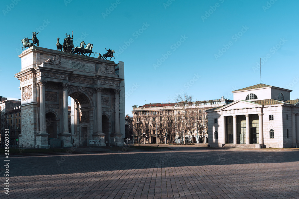 Arco della Pace and his desert square in Milan, Italy