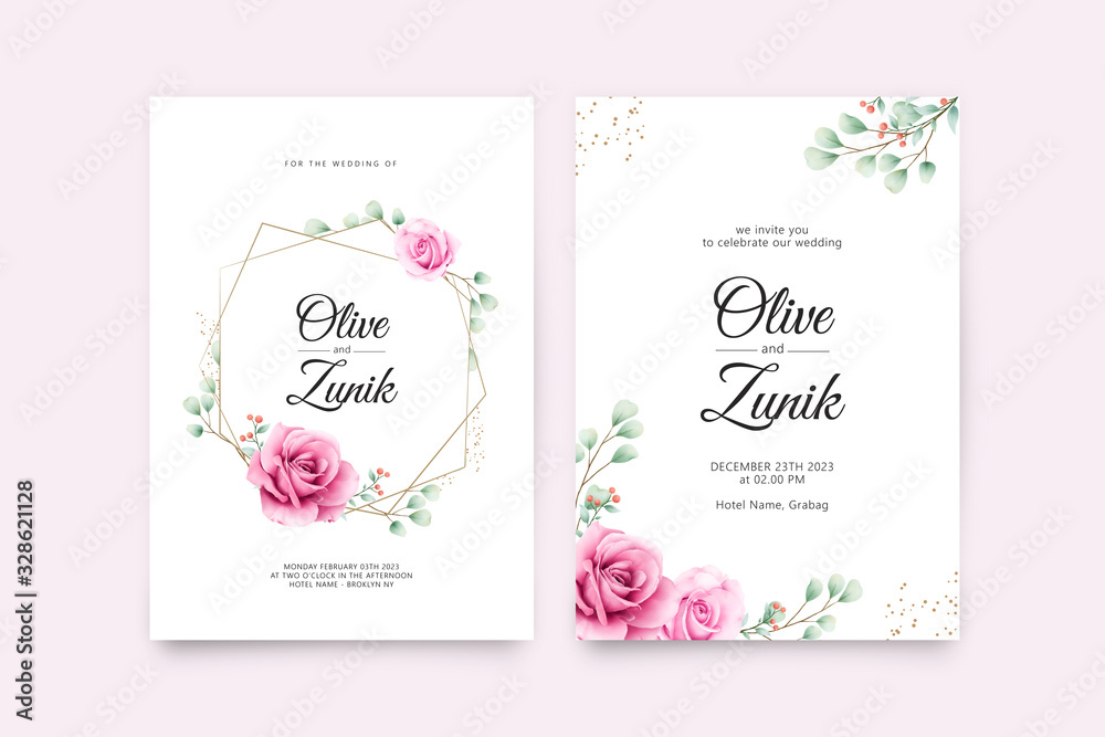 Beautiful wedding card template with floral watercolor on line geometric