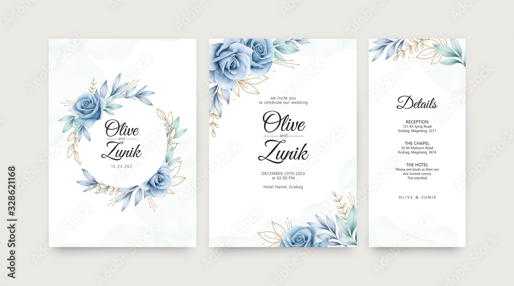 Elegant wedding invitation set with roses blue watercolor and leaves golden - obrazy, fototapety, plakaty 