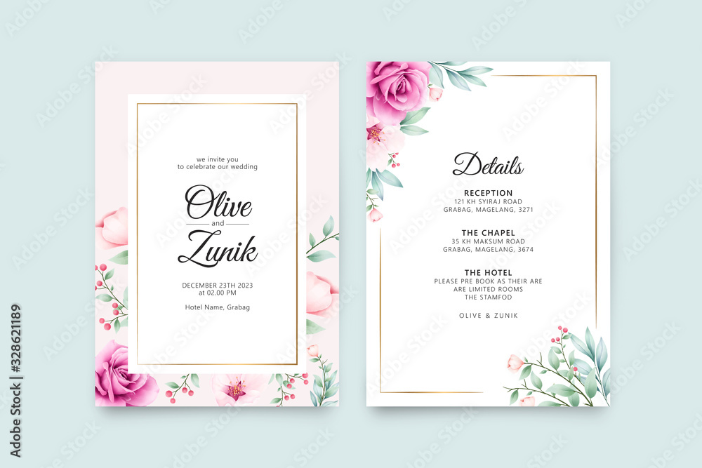 Romantic wedding card template with flowers and leaves watercolor