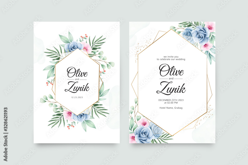 Geometric wedding invitation set template with flowers and leaves watercolor