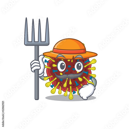 Corona virus molecule in Farmer cartoon character with hat and pitchfork