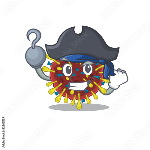 Cool corona virus molecule in one hand Pirate cartoon design style with hat