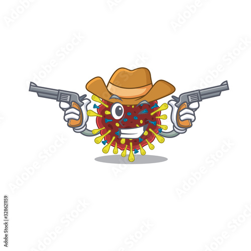 Funny corona virus molecule as a cowboy cartoon character holding guns