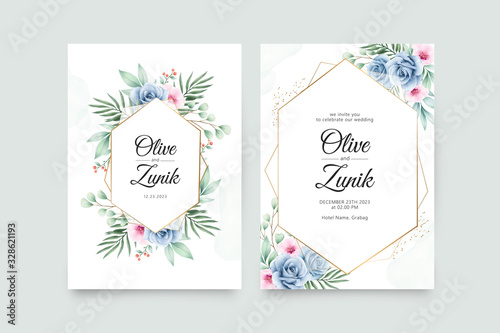 Geometric wedding invitation set template with flowers and leaves watercolor