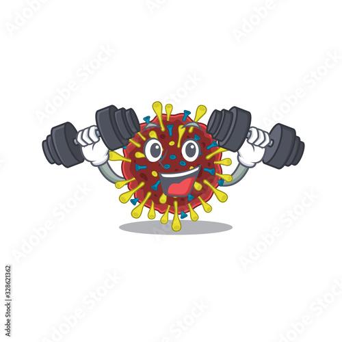 Smiley Fitness exercise corona virus molecule cartoon character raising barbells
