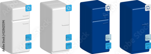 set of color household refrigerators in realistic 3D style, isolated on a transparent background, icons with designation of functions