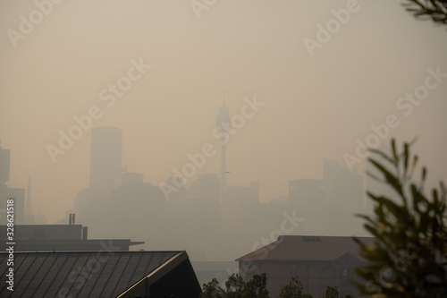 Sydney, NSW - November 21th 2019: The Sydney Skyline is engulfed in smoke from various bushfires in NSW.