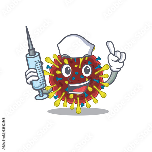 Friendly nurse of corona virus molecule mascot design holding syringe