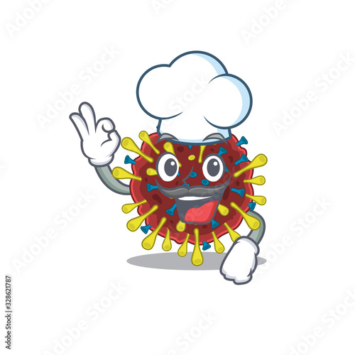 Cute corona virus molecule cartoon character wearing white chef hat