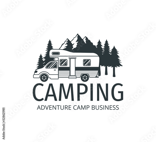 camping car trailer in the middle of jungle of pine trees for outdoor camp adventure vector logo design