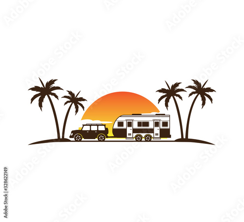 camping car and trailer standing in sunset beach with the palm trees for summer holiday camping vector logo design