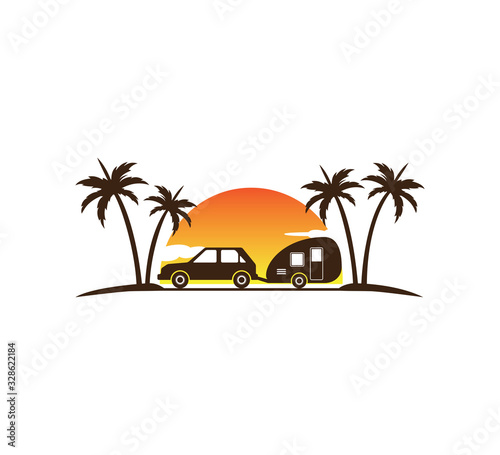 camping car and trailer standing in sunset beach with the palm trees for summer holiday camping vector logo design