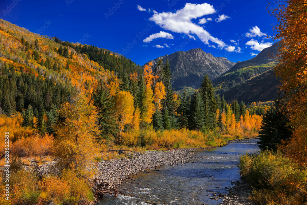 Crystal river landscape near Marble Colorado in autumn time