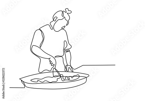continuous line drawing of chef prepares food in the kitchen