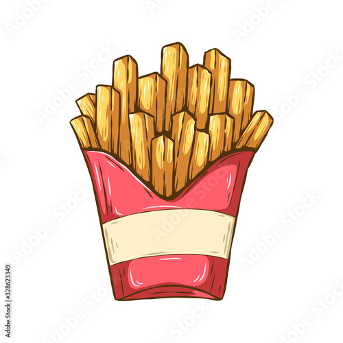 French fries in paper red box potato illustration vector
