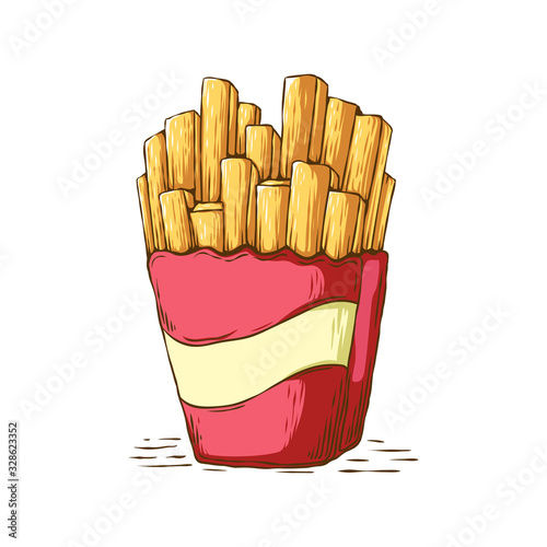 French fries in paper red box potato illustration vector