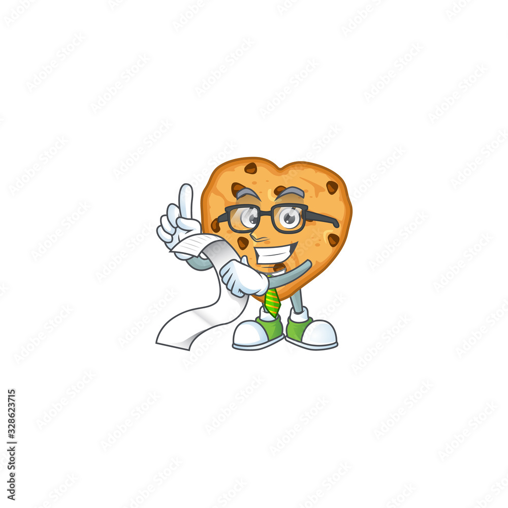 cartoon character of chocolate chips love holding menu on his hand