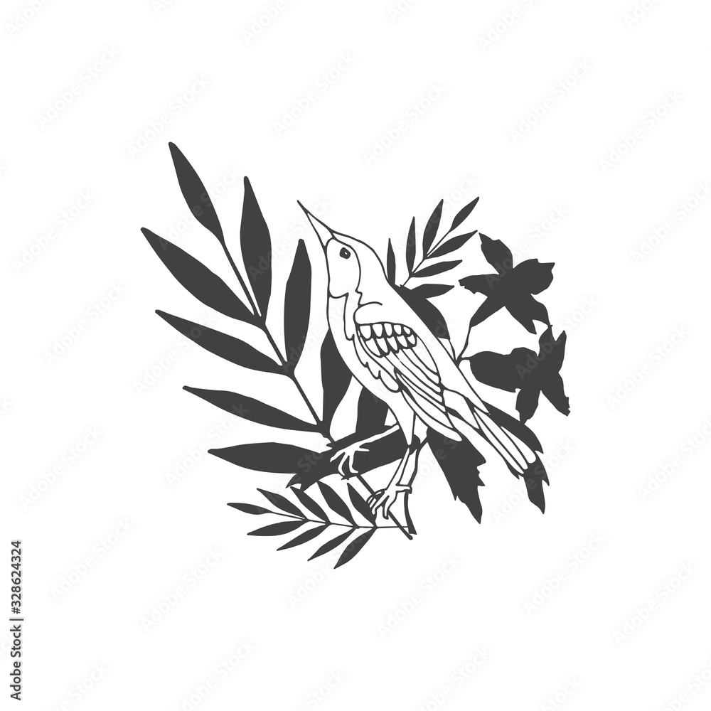 Vector composition of hand drawn bird with leaves and twigs. Vector composition of hand drawn bird with leaves and twigs.
