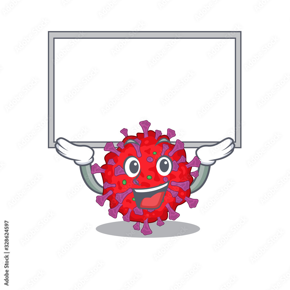 Happy cartoon character of coronavirus particle raised up board