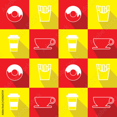 Graphic Illustration of coffe cup, donuts, french fries, and soft drink, fit for Food court wallpaper, packaging design, and culinary backdrop