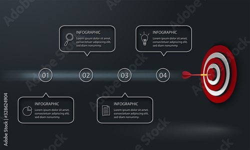 Modern infographic with target, dart and 4 text boxes on dark background
