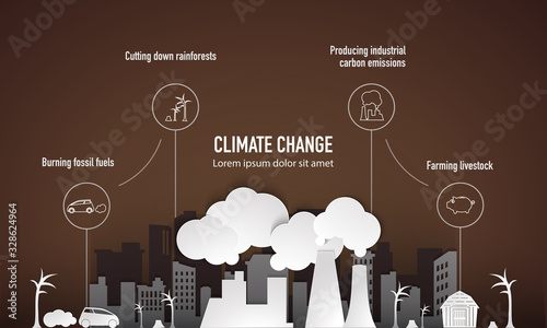 Modern climate change infographic with paper cut city on brown background