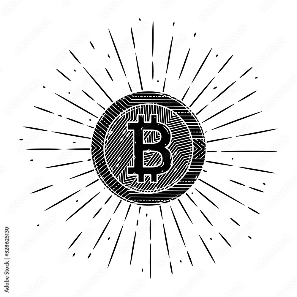 Fototapeta premium Bitcoin. Vector illustration with bitcoin and divergent rays. Used for poster, banner, web, t-shirt print, bag print, badges, flyer, logo design and more.