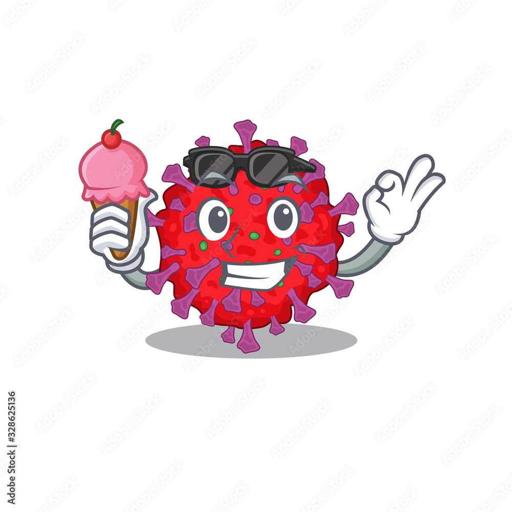 cartoon character of coronavirus particle holding an ice cream