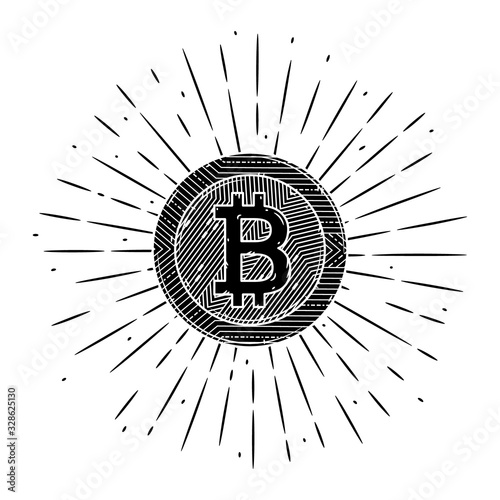 Bitcoin. Vector illustration with bitcoin and divergent rays. Used for poster, banner, web, t-shirt print, bag print, badges, flyer, logo design and more.