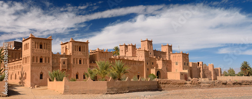 Panorama of Kasbah Amerhidil on a dry river bed in the Skoura oasis Palm Grove Morocco
