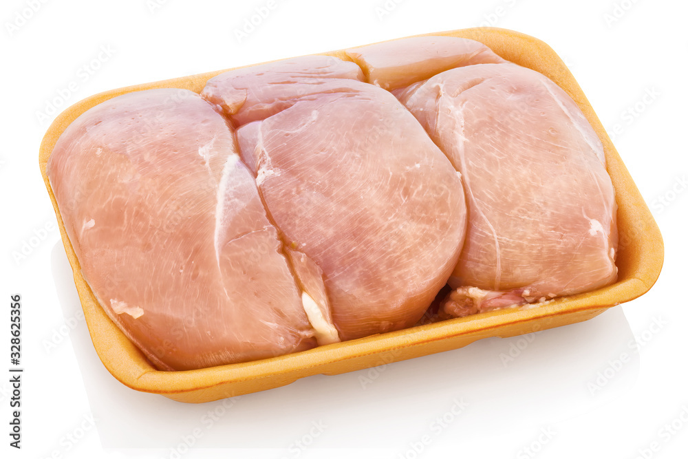 Chicken breast from the shop, unpacked, without foil. Raw sliced chicken meat on polystyrene tray. Isolated on white background with shadow reflection. With clipping (vector) path. Chicken breast from the shop, unpacked, without foil. Raw sliced chicken meat on polystyrene tray. Isolated on white background with shadow reflection. With clipping (vector) path.