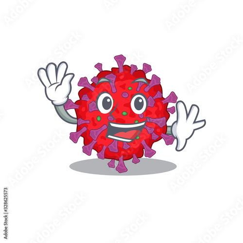 Smiley coronavirus particle cartoon mascot design with waving hand