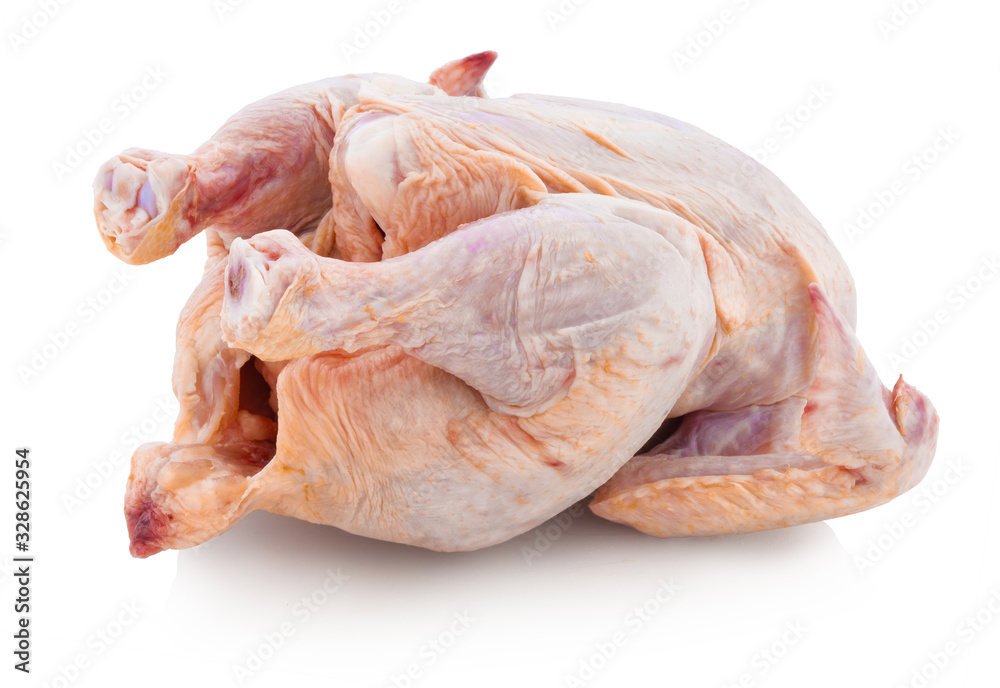 Raw defrosted chicken from the shop. Isolated on white background with shadow reflection. With clipping path. With vector path. Raw poultry meat on white bg. Studio shot on reflective underlay. Raw defrosted chicken from the shop. Isolated on white background with shadow reflection. With clipping path. With vector path. Raw poultry meat on white bg. Studio shot on reflective underlay.