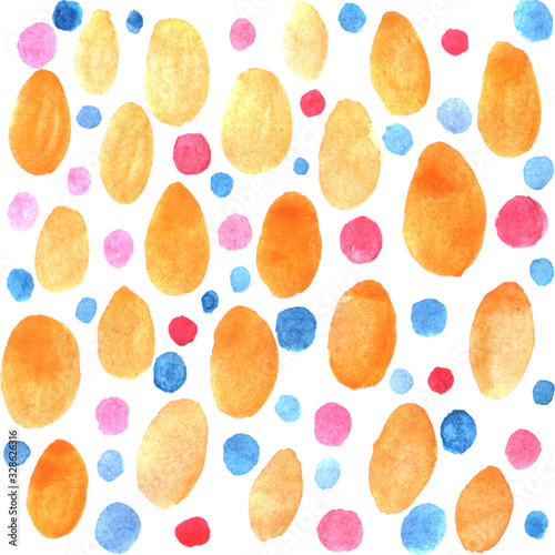 Seamless pattern with watercolor eggs and dots. Happy Easter. Spring background and texture. Hand drawn, light, soft, pastel colors template